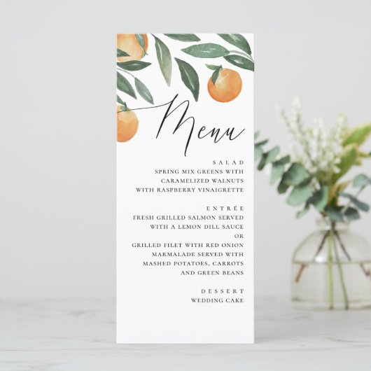 Waterverf citrusbruiloft. Sinaasappel zomerbloem Menu (Staand voorkant)