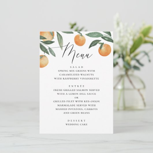 Waterverf citrusbruiloft. Zomerbloementuin Menu (Staand voorkant)