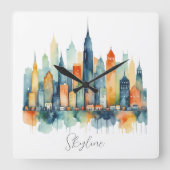 Waterverf City Skyline Modern Cool Urban Graphic Vierkante Klok (Voorkant)