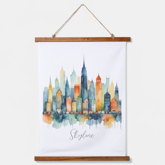 Waterverf City Skyline Moderne stadsgezicht Hangend Wandkleed (Voorkant)