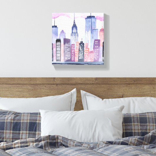 Waterverf CityScape Skyline Canvas Afdruk (Insitu (Slaapkamer))