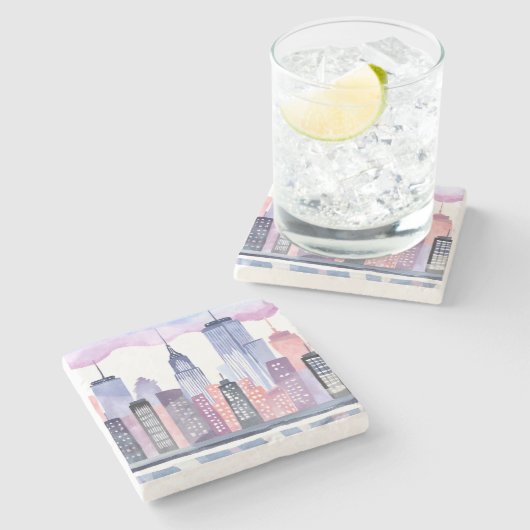 Waterverf CityScape Skyline Stenen Onderzetter (Zijkant)