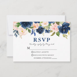 Waterverf Classic Blauw Roze Bloemen Bruiloft RSVP Kaartje