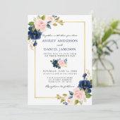 Waterverf Classic Blue Pink Floral Gold Wedding Kaart (Staand voorkant)