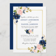 Waterverf Classic Blue Pink Floral Gold Wedding