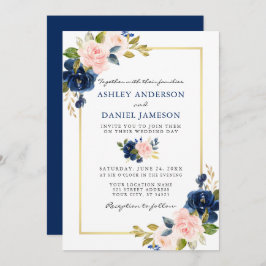 Waterverf Classic Blue Pink Floral Gold Wedding Kaart