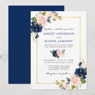 Waterverf Classic Blue Pink Floral Gold Wedding Kaart