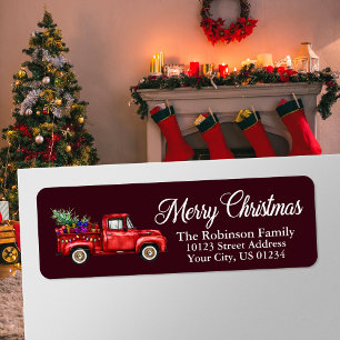 Waterverf Classic Red Truck Kerstmis Burgundy Etiket