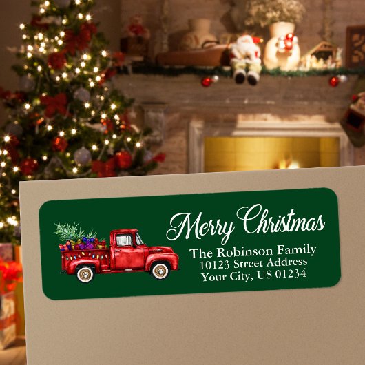 Waterverf Classic Red Truck Merry KerstGreen Etiket