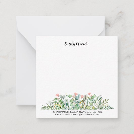 Waterverf Classy Greenery Aangepaste Naam en Adres Notitiekaartje (Voorkant)
