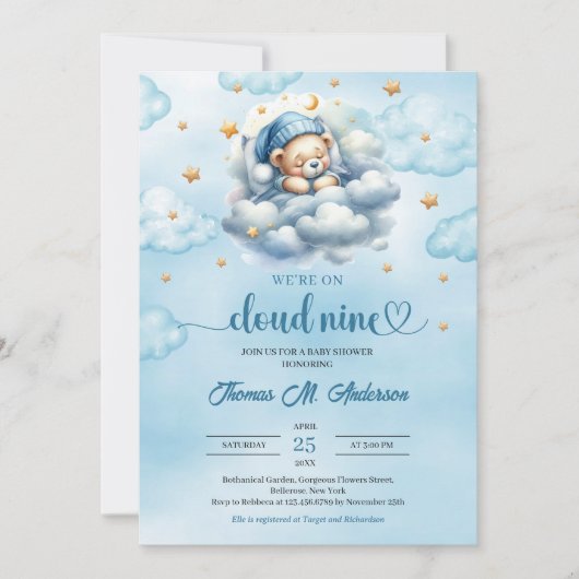 Waterverf Cloud 9 teddybeer Boy Baby shower Kaart (Voorkant)