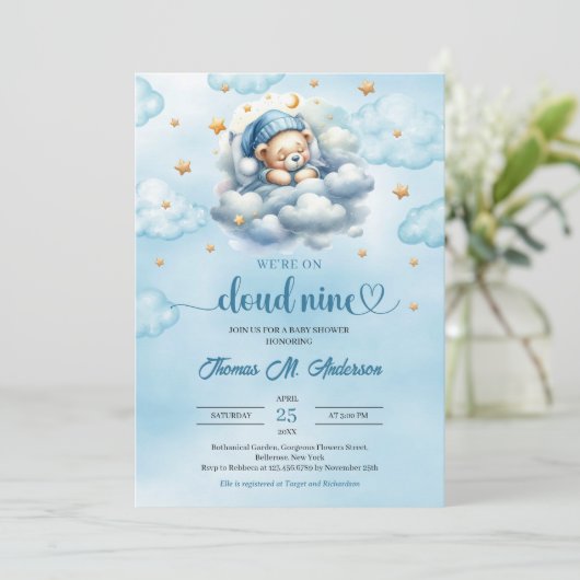 Waterverf Cloud 9 teddybeer Boy Baby shower Kaart (Staand voorkant)
