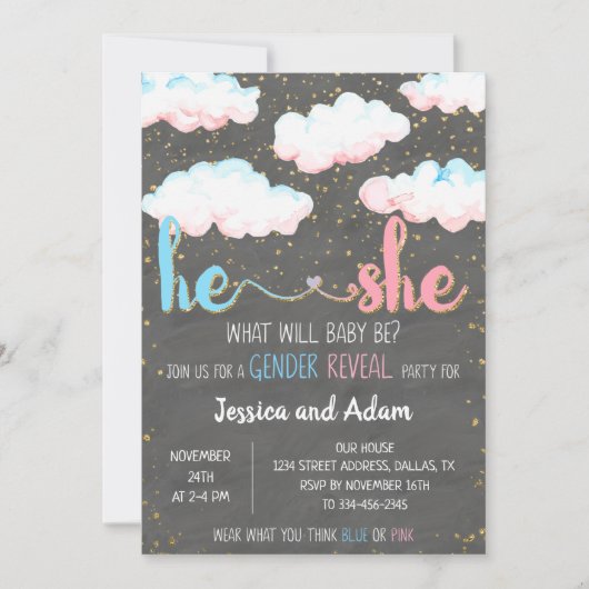 Waterverf Cloud Hij of Zij Gender Reveal Party Kaart (Voorkant)