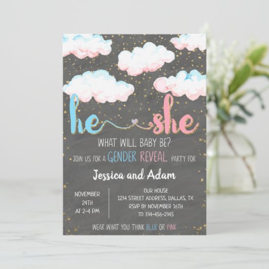 Waterverf Cloud Hij of Zij Gender Reveal Party Kaart (Staand voorkant)