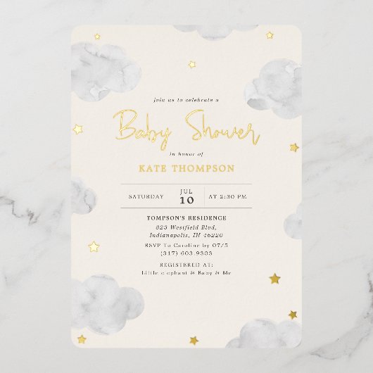 Waterverf Clouds Cream Neutraal Baby shower Gold Folie Uitnodiging (Voorkant)