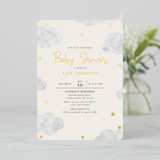 Waterverf Clouds Cream Neutraal Baby shower Gold Folie Uitnodiging (Staand Voorkant)