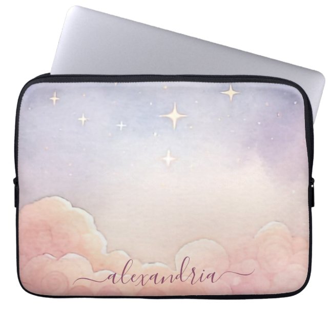 Waterverf Cloudscape Roze lucht met naam Laptop Sleeve (Voorkant)