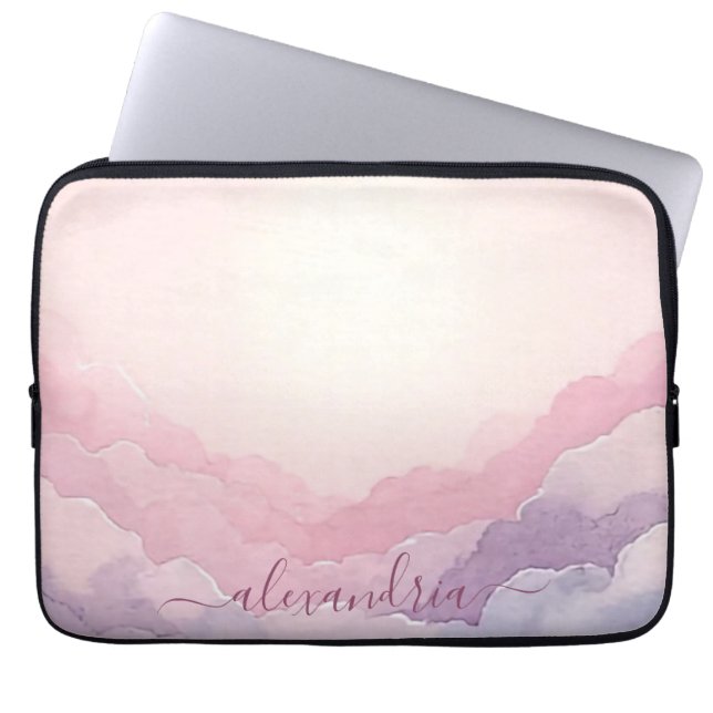 Waterverf Cloudscape Roze lucht met naam Laptop Sleeve (Voorkant)