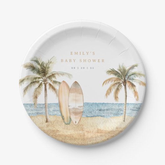Waterverf Coastal Surf Baby shower Papieren Bordje (Voorkant)