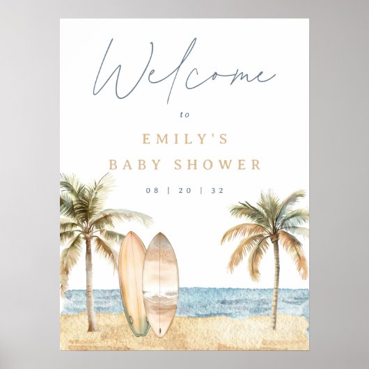 Waterverf Coastal Surf Baby shower Welkomstbord Poster (Voorkant)