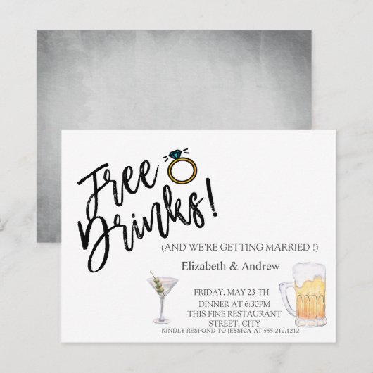 Waterverf Cocktail,Bier,Gratis Dranken Bruiloft Kaart (Voorkant / Achterkant)
