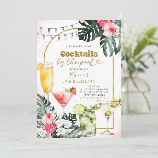 Waterverf Cocktail bij het zwembad Volwassen Verja Kaart (Staand voorkant)