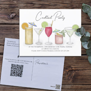 Waterverf Cocktail Dranken QR Code Sociale Media Briefkaart