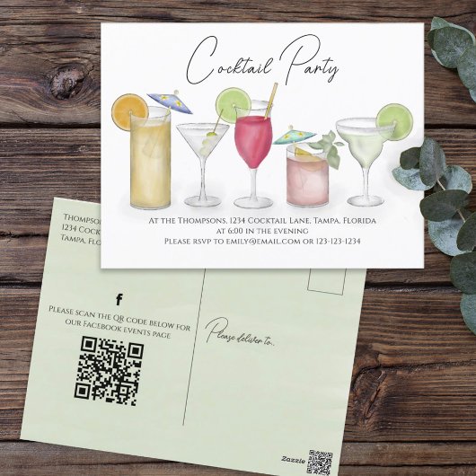 Waterverf Cocktail Drink QR Code Sociale Media Briefkaart