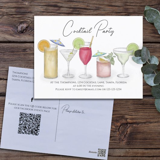 Waterverf Cocktail Drink QR Code Sociale Media Briefkaart