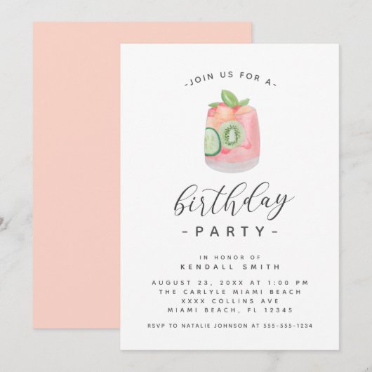 Waterverf Cocktail Minimalist Birthday Party Kaart (Voorkant / Achterkant)