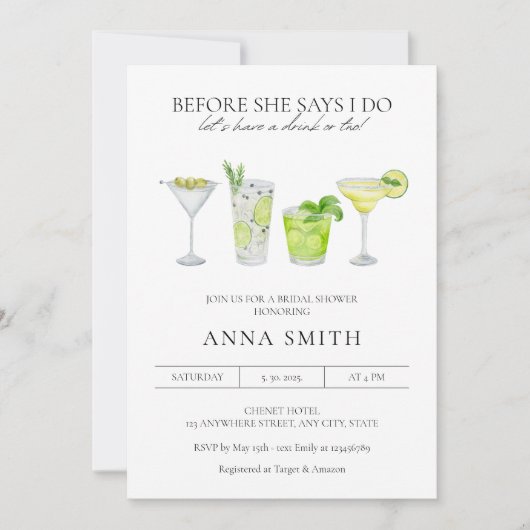 Waterverf Cocktail Party Margarita Vrijgezellenfee Kaart (Voorkant)