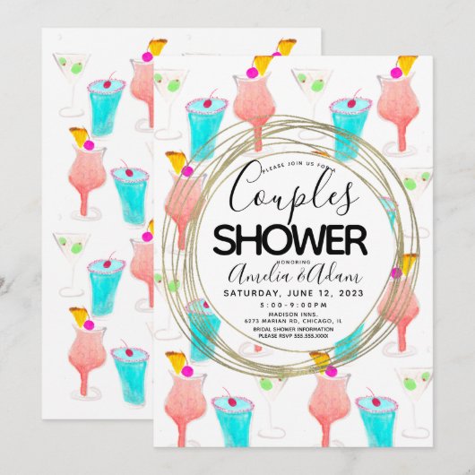 Waterverf Cocktail Patroonparen Shower Invitat Kaart (Voorkant / Achterkant)
