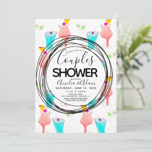 Waterverf Cocktail Pattern Couples Shower Kaart (Staand voorkant)