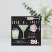 Waterverf Cocktail verjaardagsfeest zwart Kaart (Staand voorkant)