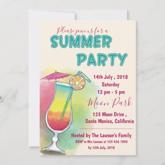 Waterverf | cocktailglas | zomerfeest kaart (Voorkant)
