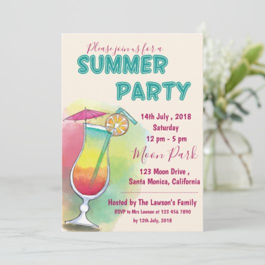 Waterverf | cocktailglas | zomerfeest kaart (Staand voorkant)