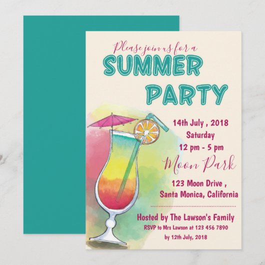 Waterverf | cocktailglas | zomerfeest kaart (Voorkant / Achterkant)