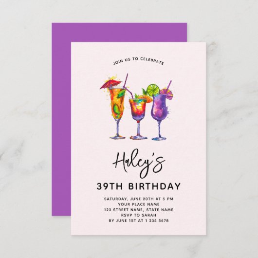 Waterverf Cocktails 39e verjaardagsfeestje Kaart (Voorkant / Achterkant)