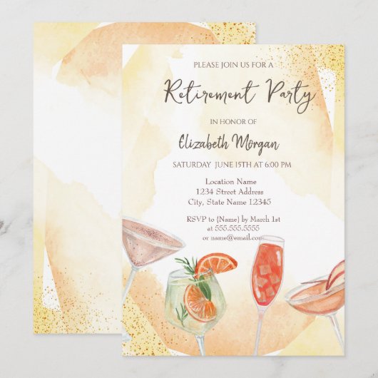Waterverf Cocktails Geel Uitnodiging voor Pensioen (Voorkant / Achterkant)