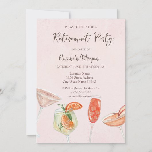 Waterverf Cocktails Roze Uitnodiging voor Pensioen (Voorkant)