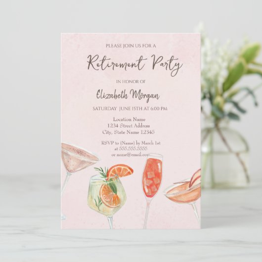 Waterverf Cocktails Roze Uitnodiging voor Pensioen (Staand voorkant)