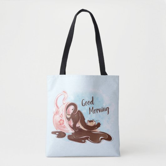 Waterverf Coffee Stretching Cat Tote Bag (Voorkant)