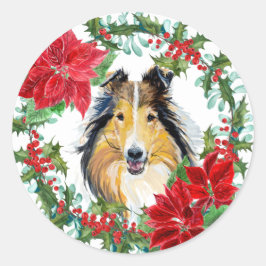 Waterverf Collie Dog Poinsettia Holiday Wreate Ronde Sticker