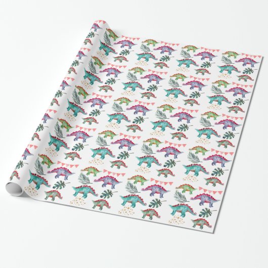 Waterverf Colorful Dinosaur Party Cadeaupapier (Uitgerold)
