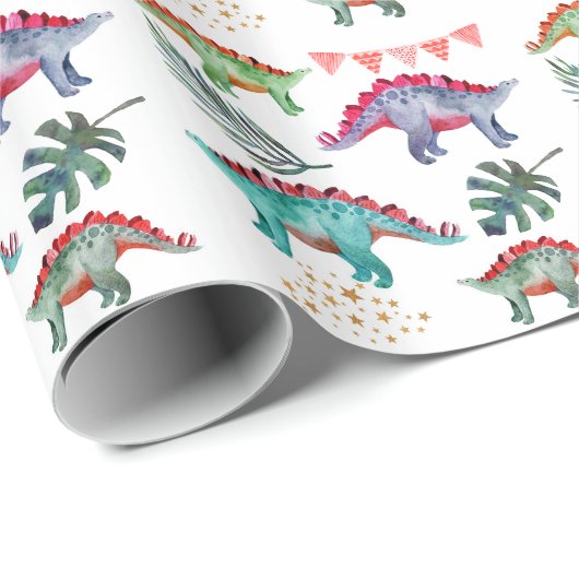 Waterverf Colorful Dinosaur Party Cadeaupapier (Rol Hoek)