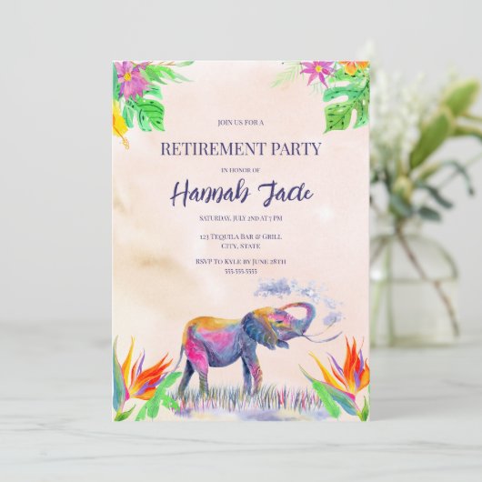 Waterverf Colorful Elephant Retirement Party Kaart (Staand voorkant)