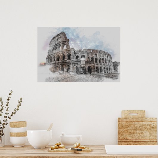 Waterverf Colosseum Rome Italië Poster (Keuken)