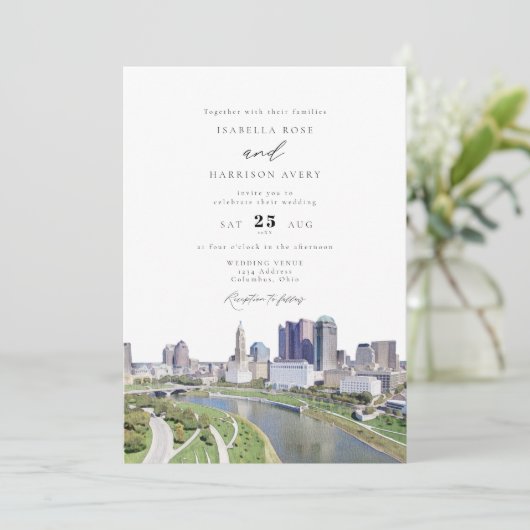 Waterverf Columbus Ohio Skyline Schilderij Huwelij Kaart (Staand voorkant)