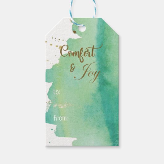 Waterverf Comfort Joy Groen Goud Foto Kerstmis Cadeaulabel (Voorkant)