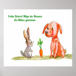 Waterverf Comic Cat met paashaas Poster